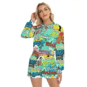 Bermuda Graffiti (teal) Women's Long sleeve top and shorts set 