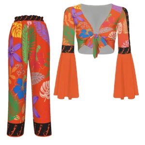 Bermuda Floral -Women's Elegant Floral Set (Tie Top/Faux Silk Pants)- Orange 
