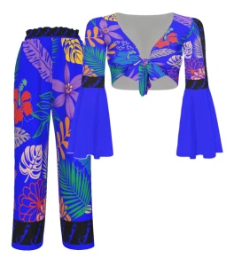 Bermuda Floral -Women's Elegant Floral Set (Tie Top/Faux Silk Pants)- Blue