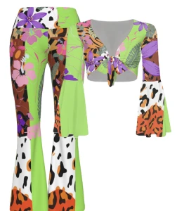 Bermuda Floral Animal Kingdom -Women's Elegant Floral Set (Tie Top/Flare Pants)- Blue 