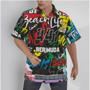 Bermuda Graffiti  Button Up Hawaiian Shirts (Unisex)-Black 