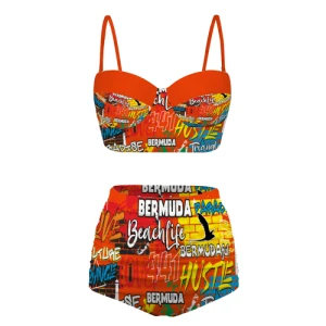 Bermuda Graffiti - Women's High Waist Two Piece Bikini Swimsuit (Orange)