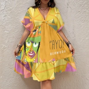 Bermuda Gombey Ayo! - Women's V-Neck Short Sleeve Flare Dress (Yellow)