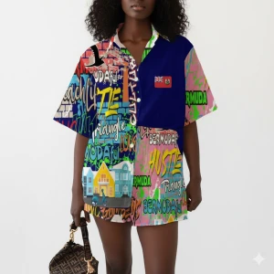 Bermuda Graffiti Women's Shirt Suit (Pastel Pink)