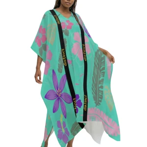 Women's V-neck Kaftan Robe-Dress Dashiki Fit Aqua Floral Print