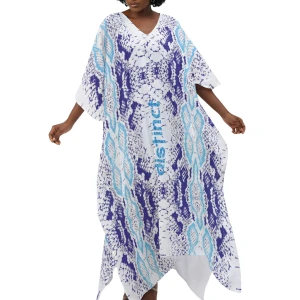 Women's V-neck Kaftan Robe-Dress Dashiki Fit Blue Cupmatch Print